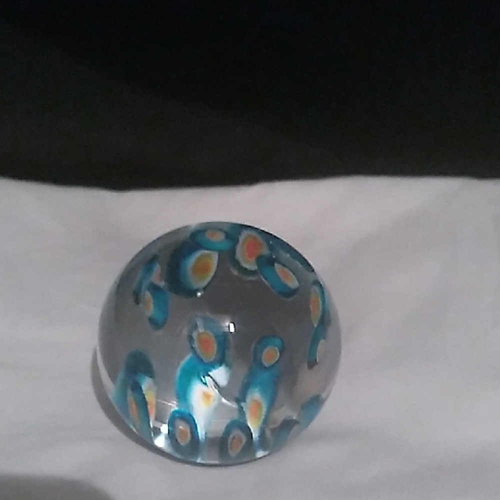 Small Round Paperweight Millefiori Pattern Blue, Yellow and Orange Glass